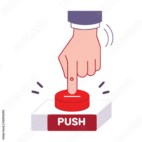Hand pressing red push button with white text vector