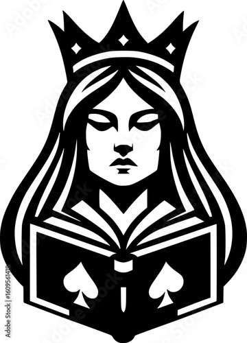 black and white vector of the queen of spades holding a book, symbolizing intellect and strategic strength