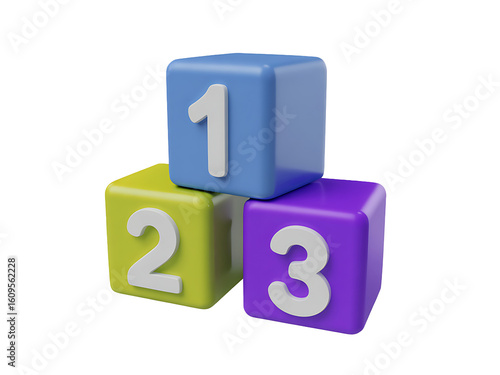 Three colorful blocks with numbers 1, 2, and 3 stacked.  Concept of ranking, order, sequence, childhood, learning, and education.