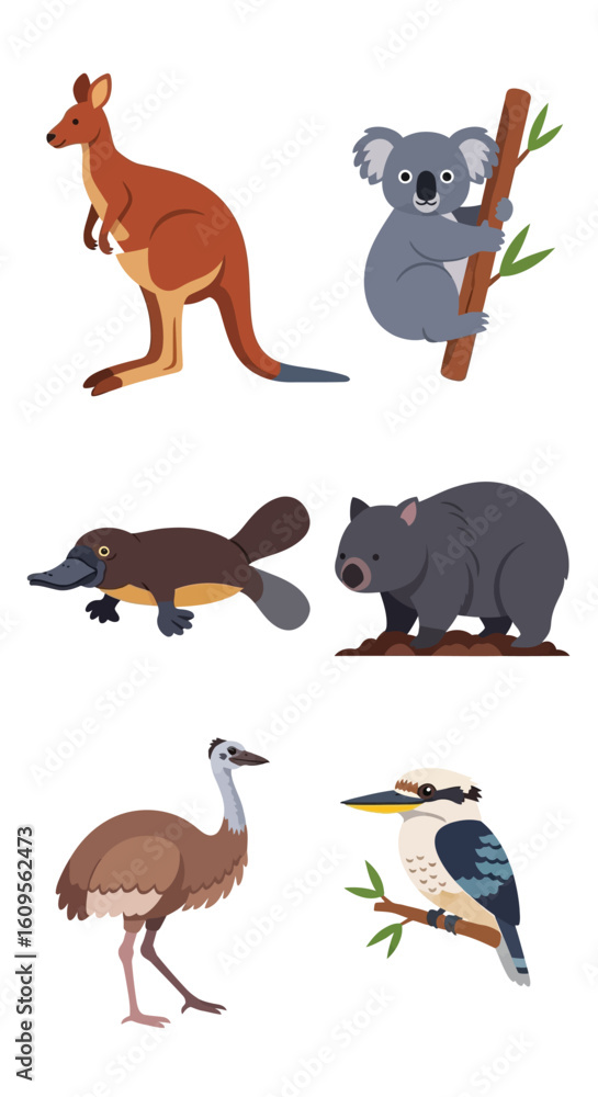 Fototapeta premium Illustrations of various Australian native animals, showcasing their unique features and habitats.