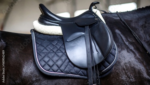 Close-up of a black horse saddle