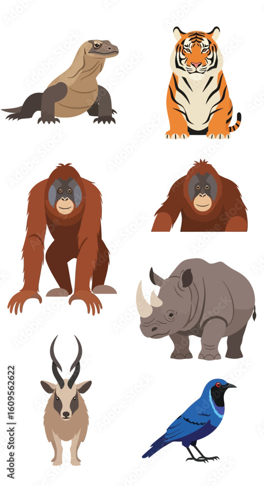 Fototapeta premium A collection of various illustrated animals, each depicted in a simple, cartoon-like style, isolated on white.
