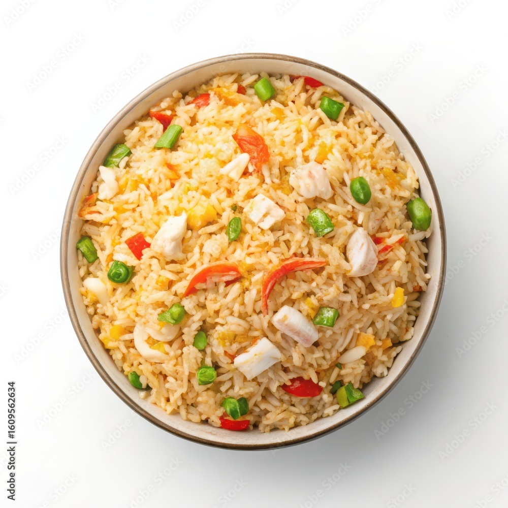 A vibrant image of fried rice with crab served on a plate in a minimalist setting against a white background, ideal for food-related visuals. A vibrant image of fried rice with crab served on a plate in a minimalist setting against a white background, ideal for food-related visuals.