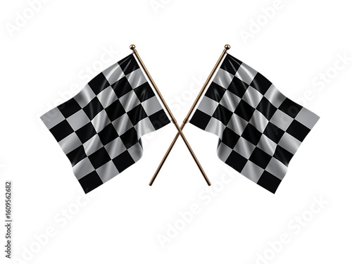 Two crossed checkered flags, signifying the end of a race or competition.  Victory, achievement, finish line concept.