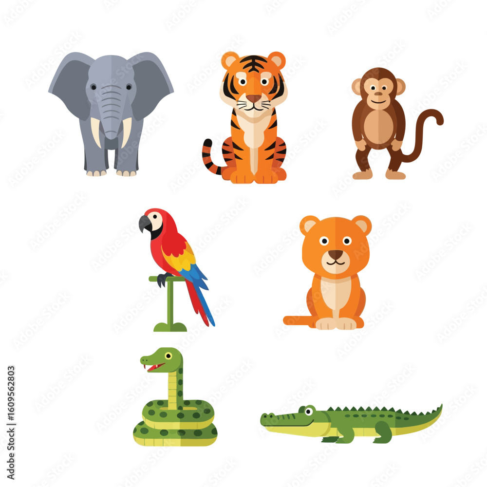 Fototapeta premium A vibrant collection of cartoon wild animals, including an elephant, tiger, monkey, parrot, lion, snake, and alligator.