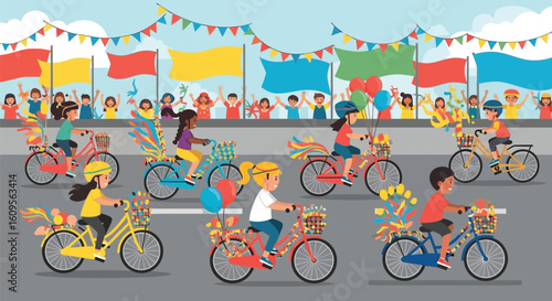 Children riding elaborately decorated bicycles in a lively parade or race, cheered on by an enthusiastic crowd under colorful banners.