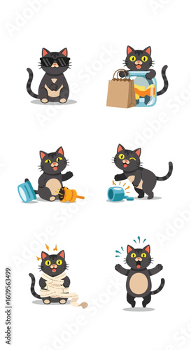 Six humorous cartoon illustrations of a black cat in various funny and surprising situations, depicting different emotions and mischievous actions.