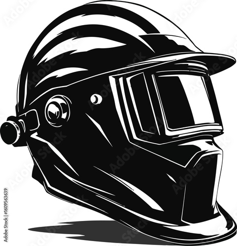 : Protective Helmet Illustration – Black and White Vector Graphic of Industrial Safety Gear for Welding, Firefighting, and Hazards