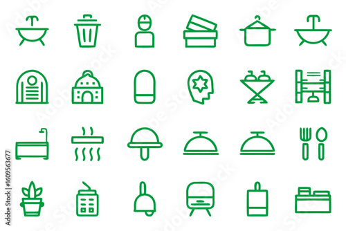 Comprehensive collection of hotel themed graphic elements featuring clean line art representations of various hospitality services and amenities for diverse applications