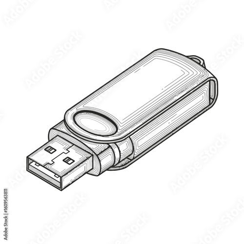 A detailed black and white line art illustration of a swivel USB flash drive with the connector exposed.