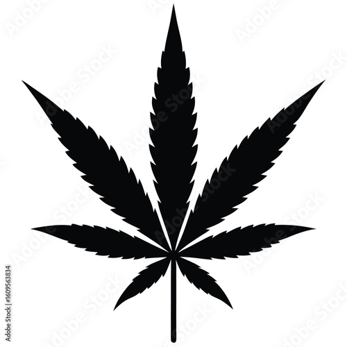 Vector art of a black silhouette of a cannabis leaf isolated on white background