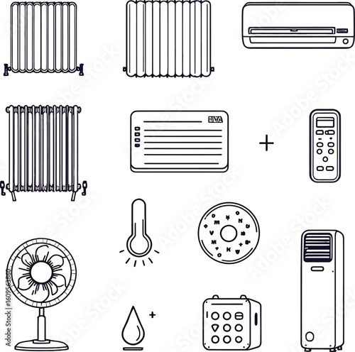 Climate Control Device Icon Set – Black and White Vector Illustrations of Heaters, AC Units, Fans, Thermometers, and Air Tools