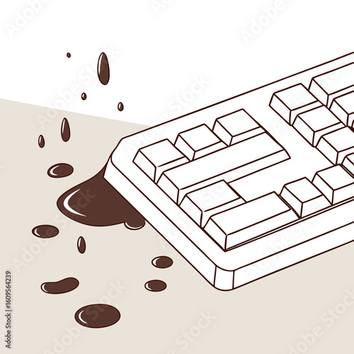 Keyboard with spilled coffee and stains on a beige background  
