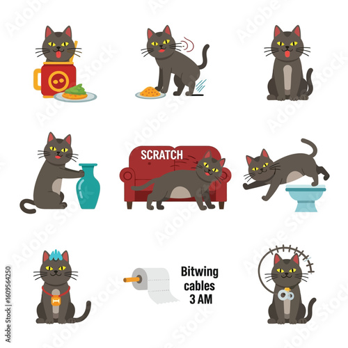 A collection of cartoon illustrations depicting a gray cat in various mischievous activities, including eating, scratching furniture, playing with toilet, and singing.