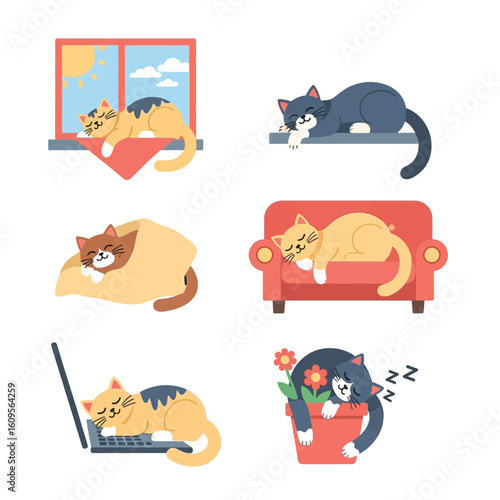 Six cartoon cats sleeping in various locations: on a windowsill, shelf, wrapped in a blanket, on a sofa, on a laptop, and in a flowerpot.