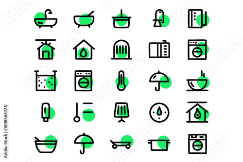 A comprehensive collection of clean modern line art symbols representing various household chores and domestic tasks perfect for organization and lifestyle applications