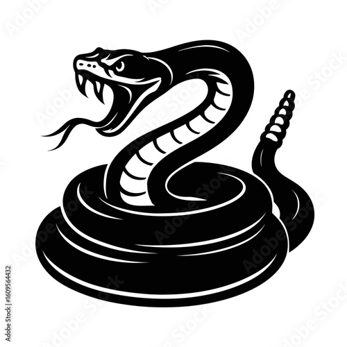 Venomous Rattlesnake Ready to Strike - Coiled Reptile with Fangs and Rattle