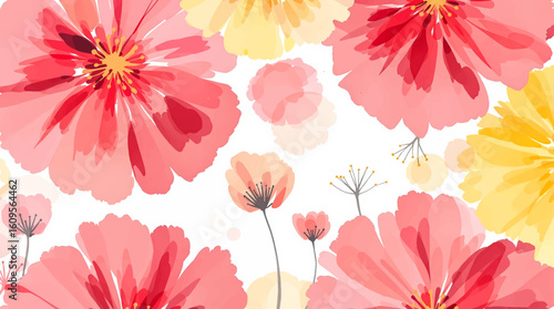 A seamless pattern of watercolor-style flowers and foliage. The flowers are various shades of pink and peach, with a soft, slightly muted color palette. The flowers have a rounded, full blossom shape.