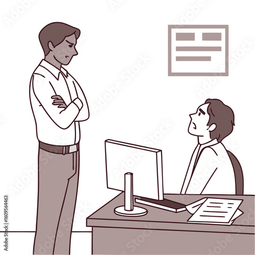 Manager scolding employee while sitting at desk in office  