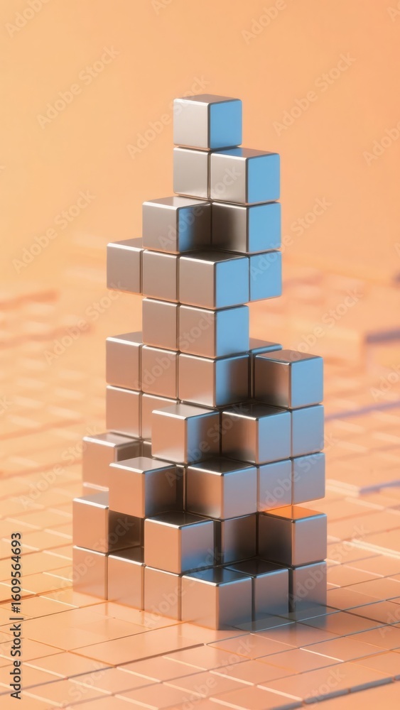 Fototapeta premium Stacked Metallic Cubes Forming a Pyramid on a Grid Surface