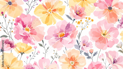 A seamless pattern of watercolor-style flowers and foliage. The flowers are various shades of pink and peach, with a soft, slightly muted color palette. The flowers have a rounded, full blossom shape.