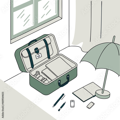 Open suitcase with travel items and stationery on floor by window  