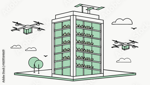 Illustration of a modern building with drones carrying packages and trees with a cloudy sky view