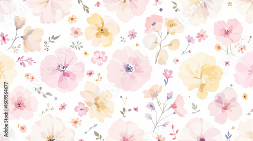 A seamless pattern of watercolor-style flowers and foliage. The flowers are various shades of pink and peach, with a soft, slightly muted color palette. The flowers have a rounded, full blossom shape.