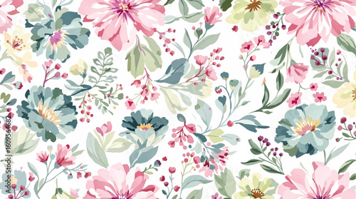 A seamless pattern of watercolor-style flowers and foliage. The flowers are various shades of pink and peach, with a soft, slightly muted color palette. The flowers have a rounded, full blossom shape.