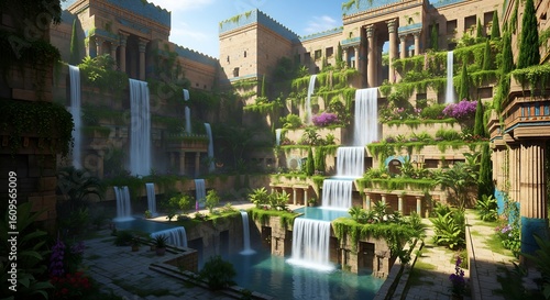 A stunning architectural rendering showcasing the mystical beauty of the hanging gardens of babylon with cascading waterfalls and lush flora