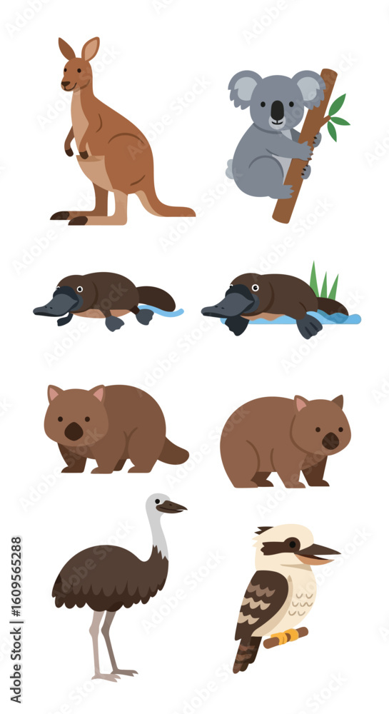 Obraz premium Illustration of Australian animals including a kangaroo, koala, platypus, wombat, emu, and kookaburra in a vertical arrangement.