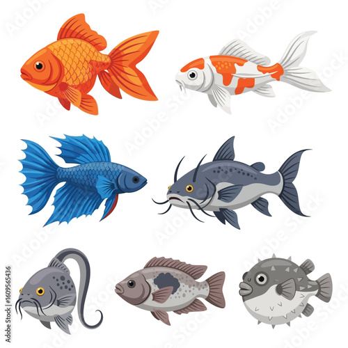 Illustration of seven different types of fish, including goldfish, koi, betta, catfish, and pufferfish, swimming.
