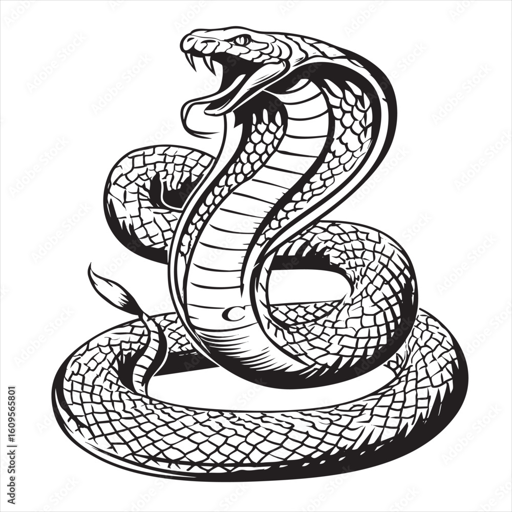 Fototapeta premium Striking Cobra Illustration: Black & White Venomous Snake Art