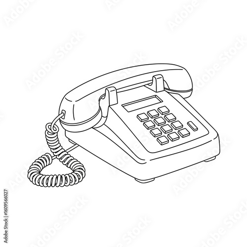 An outline drawing of a vintage push-button landline telephone with a coiled cord connecting the handset to the base, depicted in a simple, clean style.