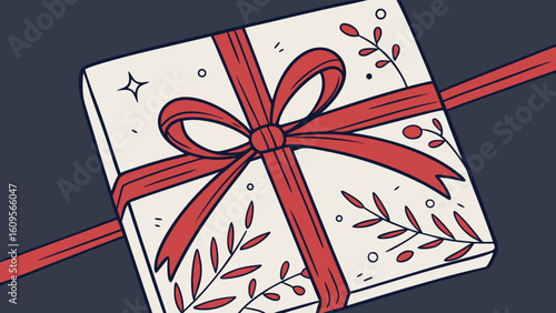 Illustration of a gift box with red ribbon and decorative branches on a dark background surface view