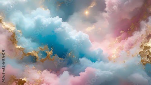 Ethereal celestial dreamscape with pink, blue clouds, and gold glitter ai