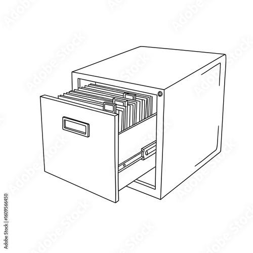 A black and white line art illustration of an open filing cabinet drawer filled with folders.