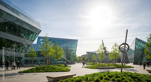 Modern architecture in Stuttgart Germany featuring glass facade buildings and park