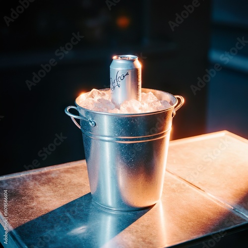 ice bucket with drink. Beer can in ice bucket. Drink in nightclub