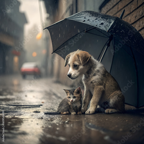 Poor sad hungry dirty homeless puppy and kitten sit in the street under umbrella in the rain. Heartbreaking image of a hopeless homeless dog and cat trying to survive together. Save the animals. ... S
