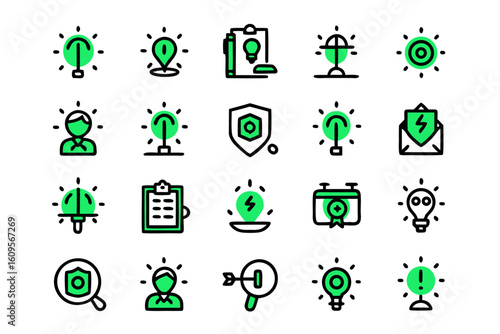 Comprehensive intellectual property protection concept line art symbol collection for business and legal applications showcasing innovation and ownership