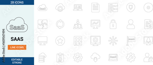 SaaS line icon set with editable stroke. Includes cloud service, user management, dashboard, analytics, subscription, security, integration, and server elements.



