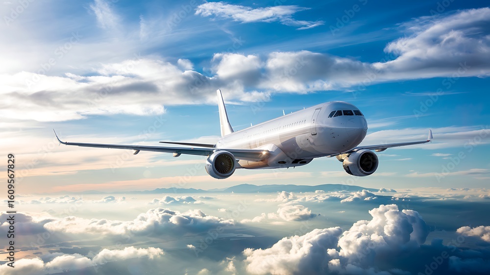 Fototapeta premium Commercial passenger airplane flying through a bright blue sky filled with fluffy white clouds during a beautiful sunny day