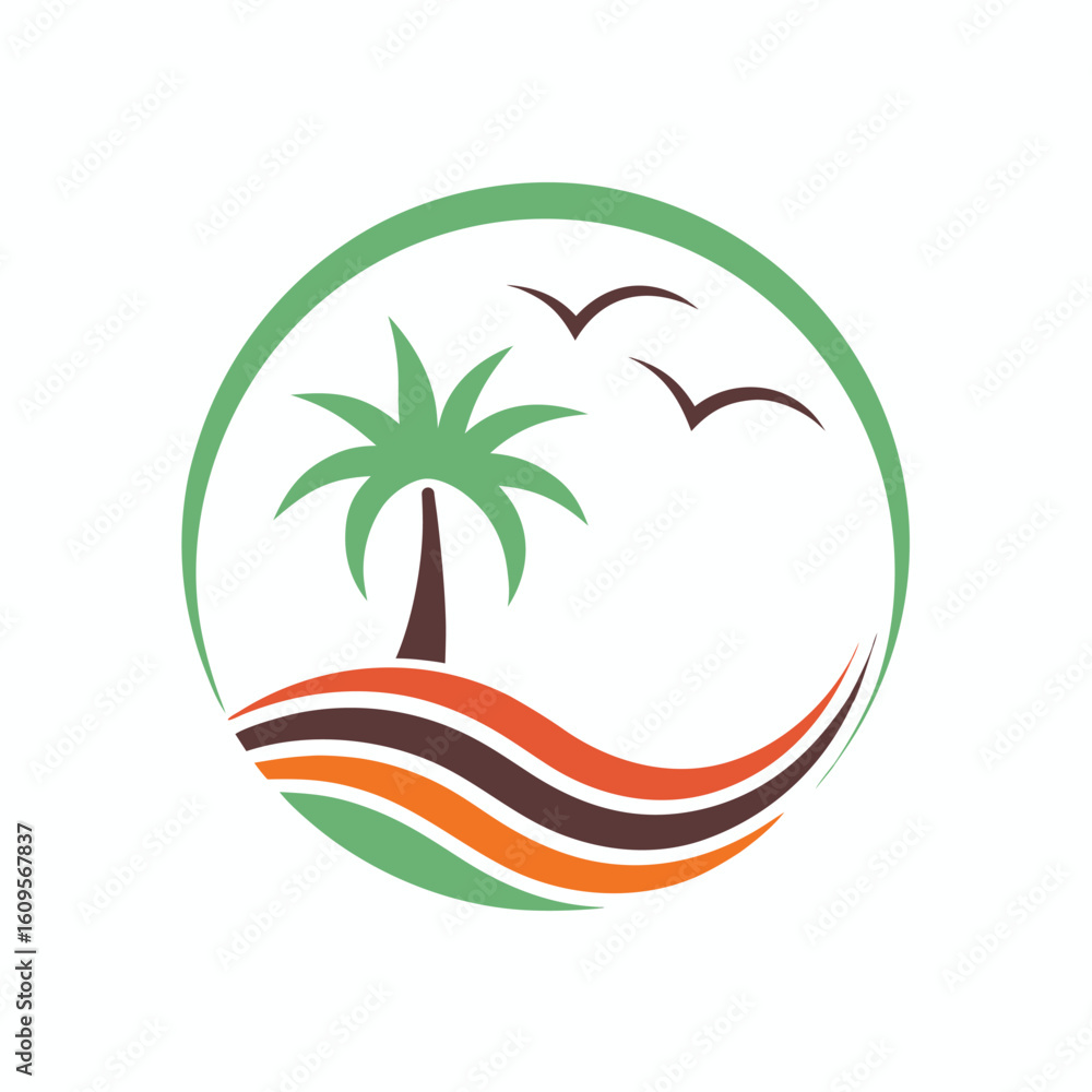 Fototapeta premium Green palm tree and birds flying over wavy lines in a circle wave