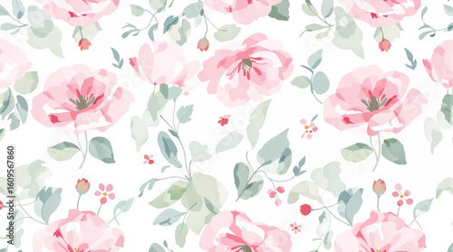 Watercolor pastel pink, lilac, and mint green flowers and leaves on a white background, Flower seamless pattern. Watercolor print in rustic vintage style, textile or wallpapers.