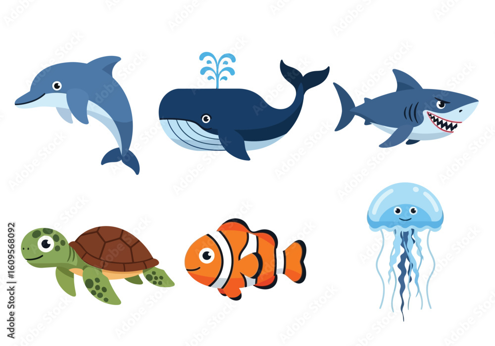 Obraz premium Cartoon illustration of six marine animals: dolphin, whale, shark, turtle, clownfish, and jellyfish, isolated on a white background.