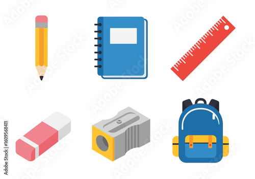 Collection of school supplies including a pencil, notebook, ruler, eraser, pencil sharpener, and backpack, arranged in a grid.