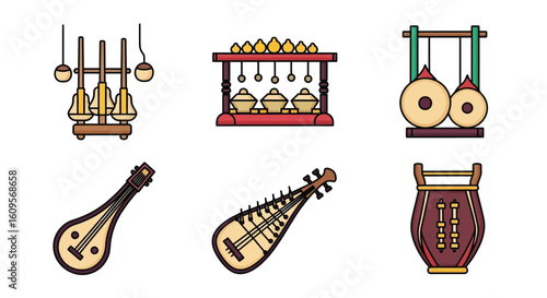 Illustration of six traditional Asian musical instruments, including stringed instruments, gongs, and percussion, arranged in two rows.