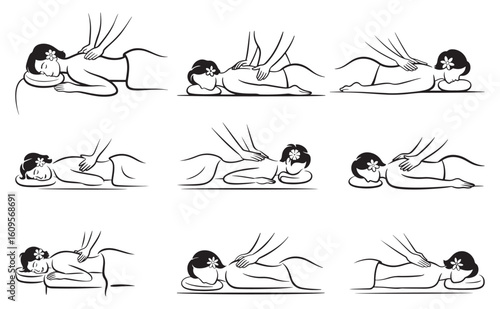 Massage Therapy Illustration Set – Professional Body Massage Techniques Line Art Collection