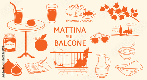 "Mattina Sul Balcone" vector illustration set. Orange hand drawn sketch of an Italian morning scene with breakfast for travel, lifestyle, and decor design.